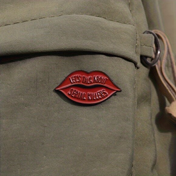 LET'S TALK ABOUT SERIAL KILLERS RED LIPS OIL DRIPPED ENAMEL LAPEL PIN BROOCH NWT - Picture 5 of 15
